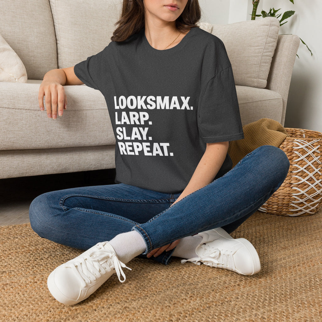 T-Shirt — "LOOKSMAX. LARP. SLAY. REPEAT." Bold Statement Tee