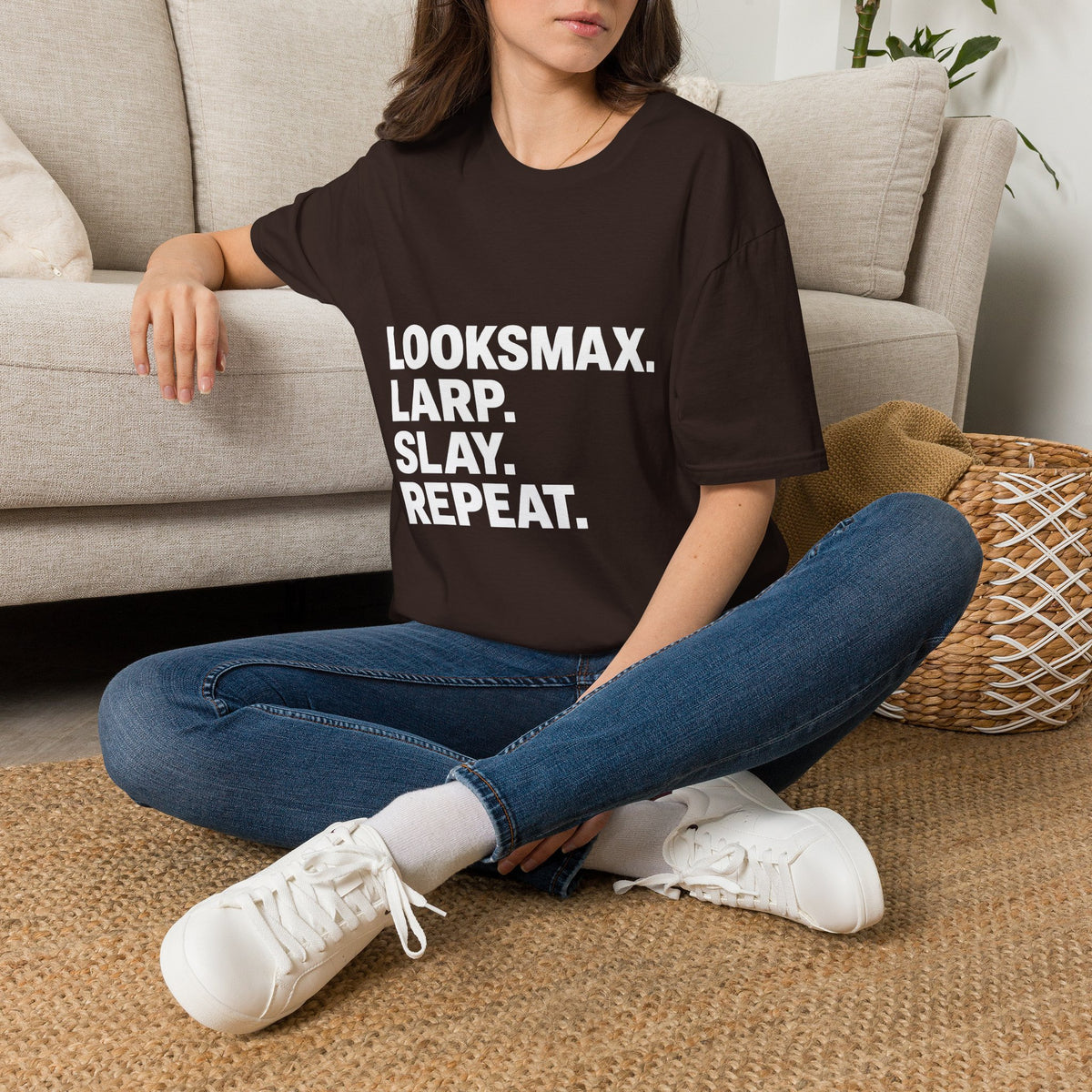 T-Shirt — "LOOKSMAX. LARP. SLAY. REPEAT." Bold Statement Tee