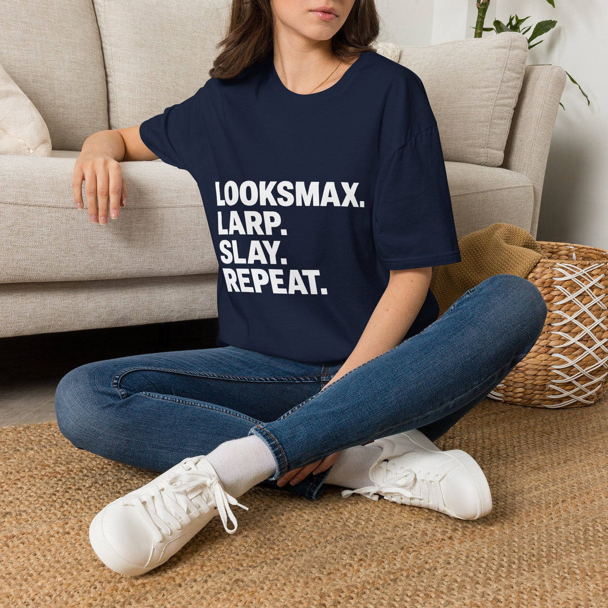 T-Shirt — "LOOKSMAX. LARP. SLAY. REPEAT." Bold Statement Tee