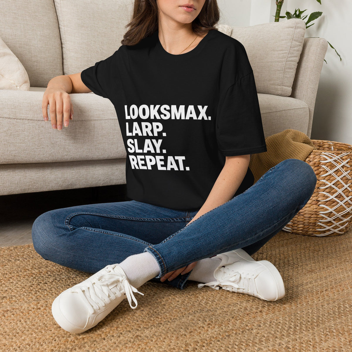 T-Shirt — "LOOKSMAX. LARP. SLAY. REPEAT." Bold Statement Tee