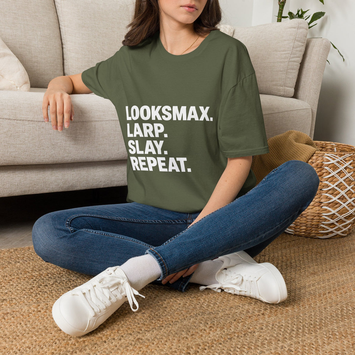T-Shirt — "LOOKSMAX. LARP. SLAY. REPEAT." Bold Statement Tee
