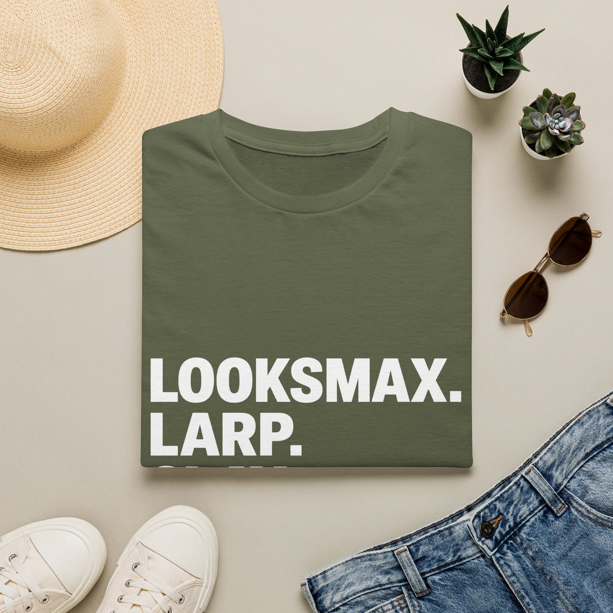 T-Shirt — "LOOKSMAX. LARP. SLAY. REPEAT." Bold Statement Tee